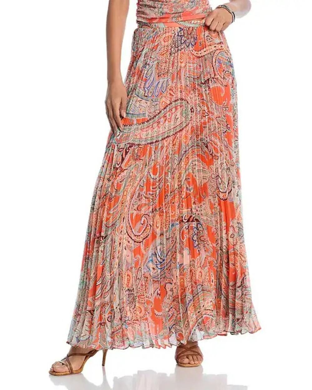 L'AGENCE Women Orange Paisley Pleated Torin Boho A-line Maxi Skirt Size US 4